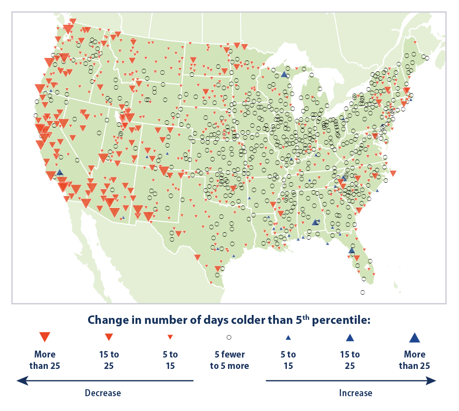 Map showing trends in unusually cold temperatures in the contiguous 48 states from 1948 to 2015, based on the 5th percentile.